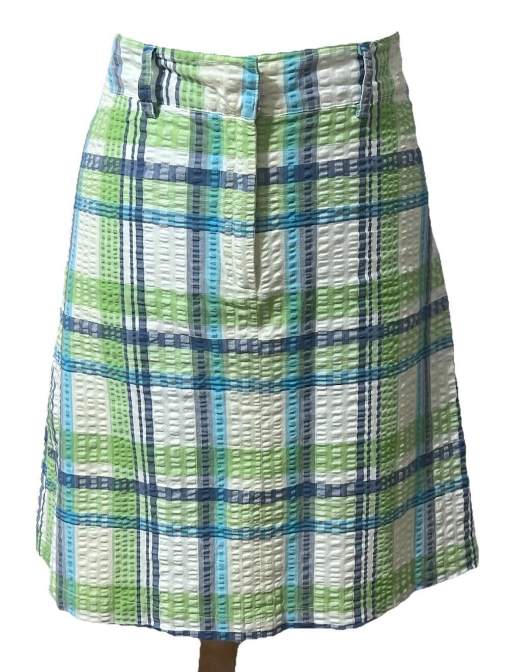 Lilypod Womens 8 Blue Green Seersucker Plaid Cotton Lined Skirt Knee Length